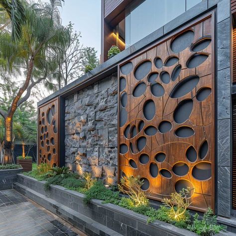 Dynamic Duo of Wood and Stone in Compound Wall Designs • 333+ Art Images Stone Feature Wall Exterior, Exterior Feature Wall, Compound Wall Designs, Kolam Koi, Compound Wall Design, Garden Wall Designs, Boundary Wall, Stone Wall Design, Wall Fence