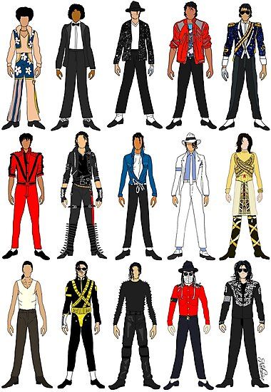 In honor of  MJ who is one of my favorite icons of pop music I have spend a month working on my favorite iconic wardrobe. If you recognize any do comment! :) Custom Background colors and inquires are available upon request. / This is the Version of the outfits in chronological order. / Version of o… • Millions of unique designs by independent artists. Find your thing. Fashion Outfits Drawing, Michael Jackson Thriller Costume, Michael Jackson Party, Thriller Michael Jackson, Michael Jackson Costume, Michael Jackson Outfits, Monster Manga, Buy Outfits, Outfits Drawing