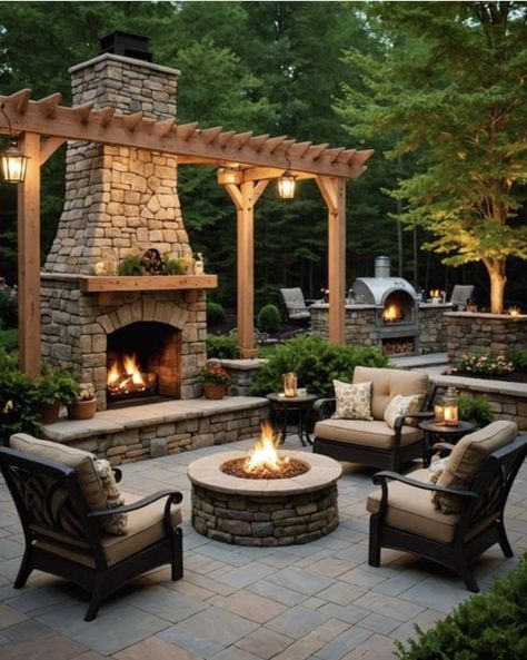 Outdoor Fireplace Landscaping, Back Porch With Fire Pit, Exterior Fireplace Ideas, Fireplace In Garden, Back Patio Fireplace, Outdoor Patio With Fireplace, Outdoor Fireplace Ideas Backyards, Outdoor Brick Fireplace, Patio Fireplaces