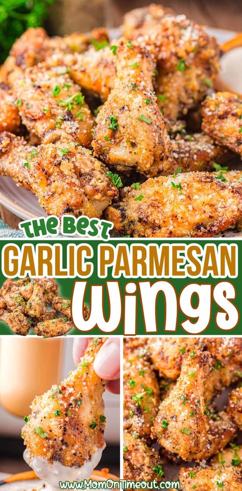 These flavorful Garlic Parmesan Wings are crispy on the outside, juicy on the inside and coated with a heavenly blend of garlic and Parmesan cheese. An absolute must for game day, these tasty wings make a great weeknight dinner too! Your friends and family will be fighting over the last one – so good | MomOnTimeout.com Best Garlic Parmesan Wings, Baked Garlic Parmesan Chicken, Parmesan Wings, Weeknight Chicken, Garlic Parmesan Wings, Simple Appetizer, Parmesan Chicken Wings, Garlic Parmesan Chicken Wings, Crispy Garlic