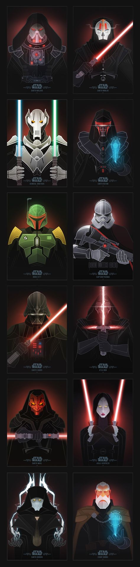 This series depicts many of the villains known in the Star Wars universe. Celebrating the imminent release of both the new film 'The Force Awakens' and the new Bioware expansion for 'The Old Republic'. Can you recognize all of the characters? Star Wars Villains, Dark Side Star Wars, Cuadros Star Wars, Pahlawan Marvel, Sith Lord, Star Wars Film, Star Wars Wallpaper, Darth Maul, Star Wars Artwork