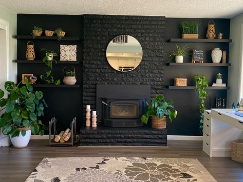 Black Accent Wall Apartment, Black Accents Home Decor, Black And Sage Living Room, Black Walls With Plants, Charcoal And White Living Room, Black Wall Decor Ideas Living Room, Black Wall Home Decor, Black Shelving Living Room, Black Room With Color Accents