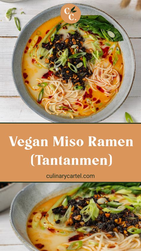 Traditionally a spicy pork dish, this is my vegan spin on a classic Tantanmen, the Japanese miso ramen version of Szechuan dandanmian. #noodles #ramen #dandan #dandanmian #vegan #vegetarian #vegansoup #soup | culinarycartel.com Vegan Miso Ramen Recipes, Vegan Ramen Soup Recipes, Vegan Tofu Ramen, Chinese Soup Recipes Vegetarian, Vegan Udon Noodle Recipe Soup, Vegan Tonkotsu Ramen, Raman Noodles Recipe Vegan, Vegan Ramen Noodle Soup, Veggie Miso Ramen