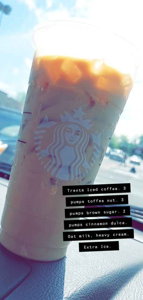 Starbucks Drinks With Toffee Nut, Starbucks Toffee Nut Drinks, Pecan Sandies, Toffee Nut, Oat Milk, Starbucks Drinks, Heavy Cream, Toffee, Iced Coffee