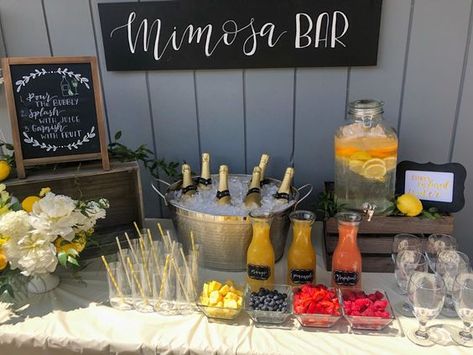 bridal shower mimosa bar ideas Mimosa Bar Ideas Wedding, Mimosa Bar Birthday Party, Backyard Mimosa Bar, Engagement Party Mimosa Bar, 21st Brunch Party, Mimosa Bar For Bridal Party, Bridal Party Mimosa Bar, Bridal Mimosa Bar Ideas, Rustic Brunch Bridal Shower Ideas