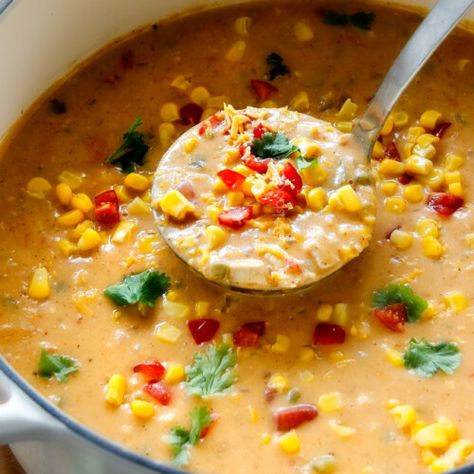 30 Minute Mexican Chicken Corn Chowder (lightened up) - Carlsbad Cravings Asian Chicken Pasta Salad, Asian Chicken Pasta, Corn Chicken Chowder, Mexican Chicken Corn Chowder, Creamy Chicken Corn Chowder, Dutch Oven Soup, Chicken Chowder, Chicken Corn Chowder, Corn Chicken