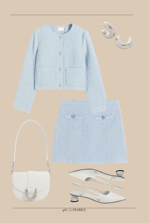 Trendy outfit idea | Minimal outfit idea | blue skirt set oufit | Cute outfit idea minimal | Silver details outfits | chic outfit idea | outfit styling Instagram @c.g.diaries Blue Old Money Outfits, Blue Tweed Skirt Outfit, Birthday Ootd Ideas, Blue Outfit Korean, Interview Outfit Dress, Gigi Outfits, Blue Skirt Set, Blue Skirt Outfits, Classy Old Money