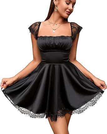 EYNMIN Women's Satin Lace Strap Mini Dress Square Neck Flowy A-Line Ruffle Swing Casual Short Dresses Casual Short Dresses, Flowy Dress Casual, Short Satin Dress, Dress Square Neck, Black Lace Mini Dress, Flowy Mini Dress, Dress Flowy, Corset Mini Dress, Lace Straps