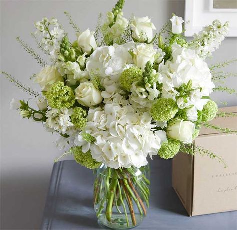 Green And Blue Flower Arrangements, Green And White Floral Arrangements, Green Hydrangea Bouquet, Green Hydrangea Wedding, Montage Floral, Flowers September, Light Green Flowers, White Wedding Flowers Centerpieces, Wedding Ideas 2024