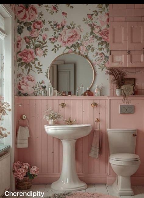 Tiny House Wallpaper, Pink Mid Century Modern Bathroom, Tiny Pink Bathroom, Pink Cottage Decor, Pink Cottage Bathroom, Colourful Bathroom Decor, Light Pink Bathroom Ideas, Pink Coastal Bathroom, Bathroom Pink Aesthetic