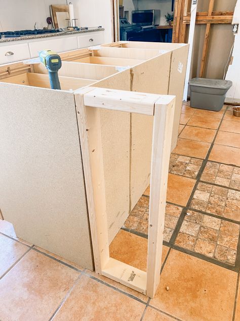 Diy Extend Kitchen Island, 5 Ft Kitchen Island, Black Islands In Kitchen, Make Kitchen Island Bigger, Kitchen Island Diy Cabinets, Diy Kitchen Island Remodel, Kitchen Cabinet Island, Kitchen Island Base Cabinets, Building A Kitchen Island With Cabinets