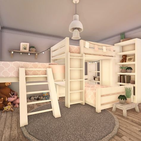 Bloxburg Bunkbed Ideas, Kids Room Bloxburg Ideas, Bloxburg Bunk Bed Ideas, Twin Room Bloxburg, Bloxburg Sleepover Room, Kids Bloxburg Room, Kids Bedroom Ideas Bloxburg, Bloxburg Girl Room Ideas, Twin Bedroom Bloxburg