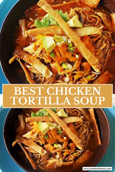 Warm up with a bowl of Chicken Tortilla Soup that’s packed with flavor and comfort! Made with tender chicken, hearty veggies, and topped with crispy tortilla strips, cheese, and avocado, this soup is perfect for cozy nights or game day gatherings. It’s easy to make and bursting with flavor. Save this recipe for a delicious, satisfying meal that everyone will love! Chilies Chicken Tortilla Soup, Fall Chicken Tortilla Soup, Sedona Tortilla Soup, Chicken Tortilla Soup Crock, Chicken Tortilla Soup From Chillis, Skinnytaste Chicken Tortilla Soup, Healthy Soup Dinner Recipes, Chicken Tortilla Soup With Black Beans, Chicken Tortilla Soup Recipes Homemade