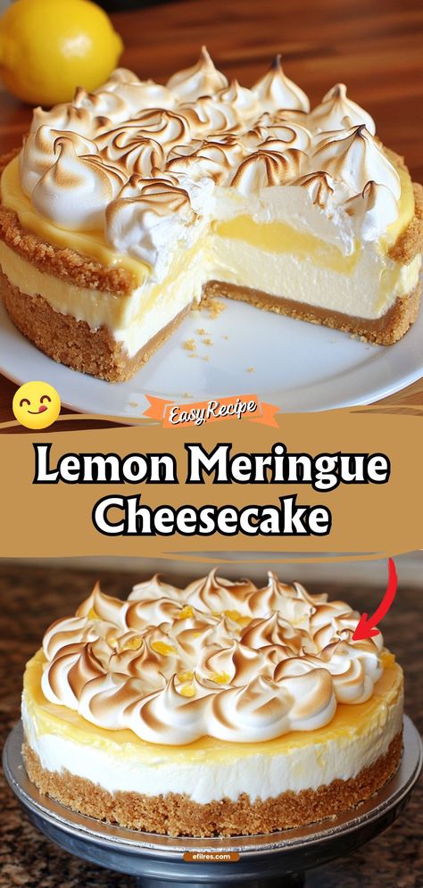 Experience the bright and bold flavors of Lemon Meringue Cheesecake, where zesty lemon meets smooth cheesecake under a fluffy meringue topping. It’s a refreshing twist on two classic desserts. #LemonCheesecake #Meringue #SweetTreats Copycat Cheesecake Factory Lemon Meringue Cheesecake, Lemon Swirl Cheesecake, Hello Dessert Recipes, Lemon Marange Pie Cheesecake, Lemon Meringue Tart Recipe, Traditional Cheesecake Recipes, Best Lemon Dessert Recipes, Lemon Dessert Ideas, Lemon Mirage Pie