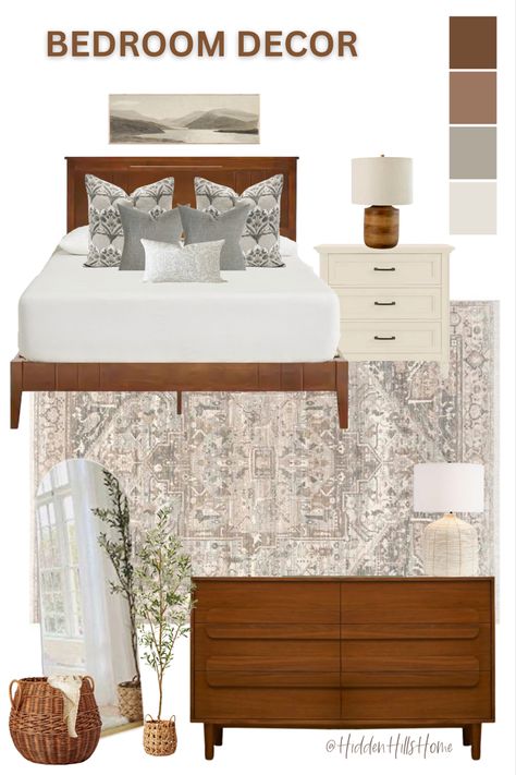 Bedroom decor mood board Brown Headboard Bedroom, Wood Headboard Bedroom, Brown Wood Bedroom, Brown Wood Bed, Cherry Wood Bedroom, Wood Bedroom Decor, Decor Mood Board, Brown Bed Frame, Dark Academia Bedroom