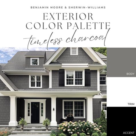 Exterior Paint Color Palette - Timeless Charcoal Exterior Paint Color Palette, Charcoal Exterior, Home Exterior Colors Schemes, Charcoal House, Grey Exterior House Colors, Exterior Gray Paint, Colonial House Exteriors, Gray House Exterior, Exterior Color Palette