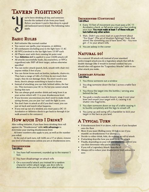 Homebrew Tavern Fighting Rules (5e) - Album on Imgur Dungeon Master Tips, Dnd Guide, Dm Ideas, Dnd Dm, Reward Ideas, Dungeons And Dragons Rules, Dnd Stats, Dnd Stories, Dnd Homebrew