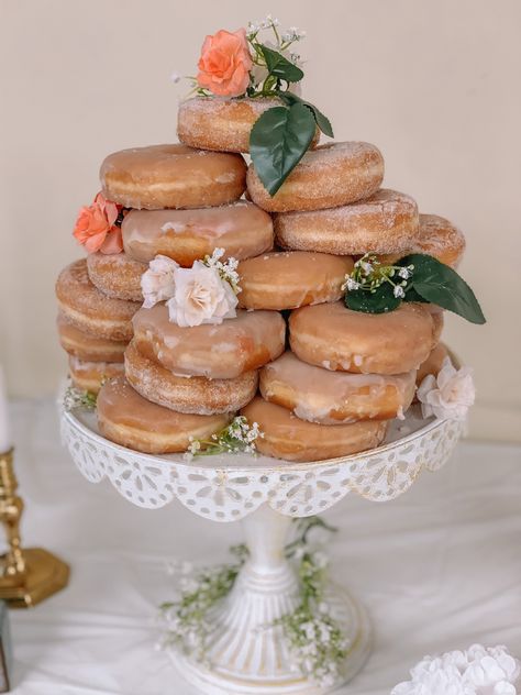 Tower Donut Cake, Donut Cake Tower, Doughnut Cake Tower, Bridal Brunch Donut Tower, Donut Hole Tower Birthday, Doughnut Cake Birthday Tower, Doughnut Tower, Bachelorette Brunch, Donut Tower