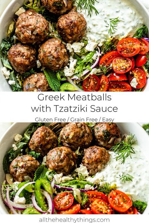 Greek Meatball Bowl Recipe, Quick Guest Snacks, Greek Ground Chicken Bowls, Fresh Veggie Meals, Easy Food Bowl Recipes, Greek Entrees Dinners, What To Eat With Tzatziki Sauce, Greek Low Carb Recipes, Healthy Greek Meatballs