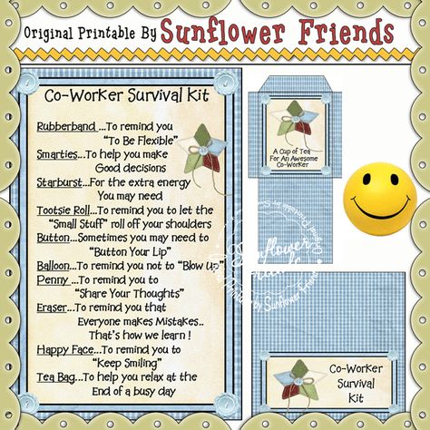 Co-Worker Survival Kit Chocolate Emergency Kit Gift Ideas, Kit Gift Ideas, Candy Sayings, Kindness Club, Best Survival Food, Survival Kit Gifts, Lipton Tea, Friends Clipart, Secret Sister