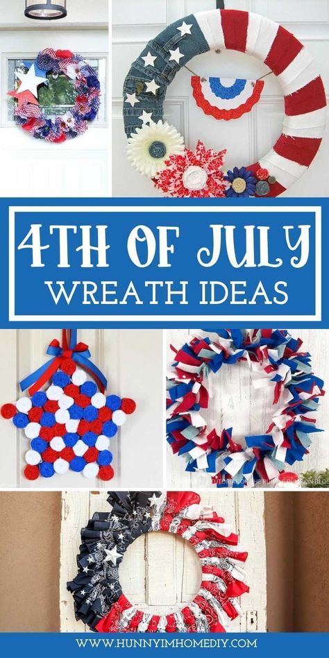 Diy Summer Door Hangers, 4th Of July Wreath Diy Dollar Tree, Dollar Tree Anchor Wreath Form, Bandana Wreath Diy 4th Of July, Blue Door Hanger, Red White Blue Clothes Pin Wreath, 4th Of July Wreaths, Patriotic Door Wreath, Americana Beaded Wreath