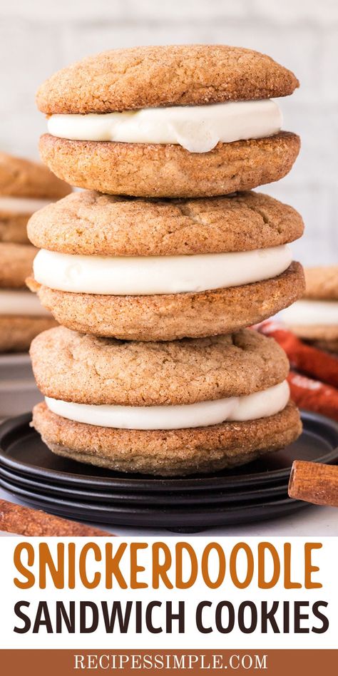 These delicious snickerdoodle cookie sandwiches feature two chewy snickerdoodle cookies held together by a layer of sweet cream cheese frosting. Snickerdoodle With Cream Cheese Frosting, Double Doozy Cookies, Snickerdoodle Cookie Sandwich, Snickerdoodle Ice Cream Sandwich, Cookie Dunkers With Buttercream, Snickerdoodle Cookies With Cream Cheese, Snickerdoodle Sandwich Cookies, Snickerdoodle Recipes, Chewy Snickerdoodle Cookies