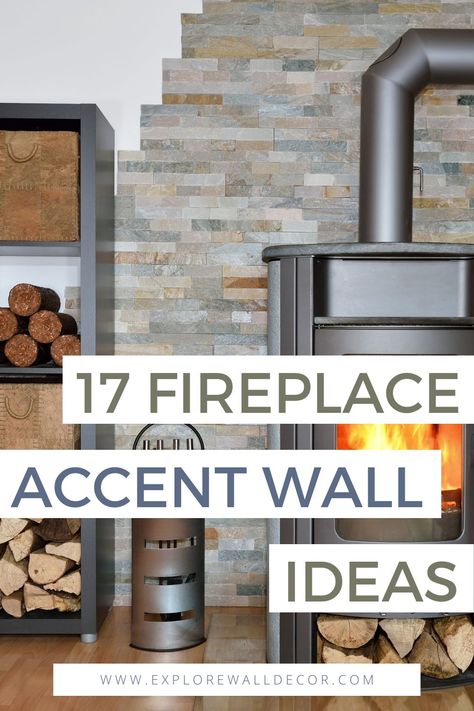 Designing an Accent Wall Around Your Fireplace: 17 Stunning Ideas - Explore Wall Decor Wood Burner Decor Ideas, Fireplace With Wallpaper Accent Walls, Wood Burning Stove Backsplash Ideas, Behind Fireplace Accent Wall, Log Burner Feature Wall Living Rooms, Fireplace Wall With Wallpaper, Gas Fireplace Surround Ideas Stone, Feature Wall Behind Fireplace, Stove Fireplace Ideas With Tv Above