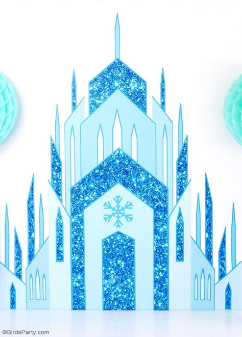 Quick & Easy DIY Frozen Inspired Backdrop - learn to create this stunning, awesome backdrop using printables for your little princesse's birthday party! | BirdsParty.com Frozen Birthday Party Decorations, Elsa Birthday Party, Frozen Castle, Desserts Table, Frozen Decorations, Frozen Bday Party, Frozen Party Decorations, Frozen Cake Topper, Frozen Birthday Theme