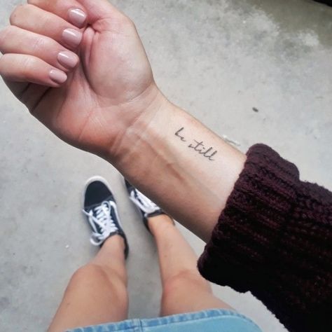 Be Still Tattoo #tattoos #tattooideas #crosstattoo Japanese Arm Tattoo, Christian Wrist Tattoos, Still Tattoo, Be Still Tattoo, Elk Tattoo, Handwriting Tattoos, 42 Tattoo, Tiny Wrist Tattoos, Cross Tattoos For Women