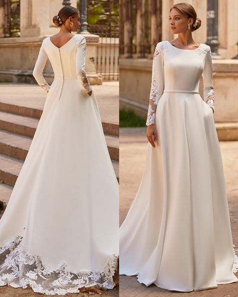 Bring your inner princess out with Moonlight Modest style M5063, a classy satin A-line wedding dress with built-in waistband. While keeping you look elegant with her all-over coverage, M5063 is alluring by having a wide V-shaped neckline at the back. Her long sleeves and chapel train are cut out with see-through net to make it even more fun. Check out more photos at the link now. #alineweddingdress #sleeveweddingdress #bridetobe Modest Wedding Dresses Satin, Modest High Neck Wedding Dress, Elegant Wedding Dress V Neck, Satin Wedding Dress With Long Sleeves, Modest Wedding Dresses With Sleeves Lace, Classy Elegant Wedding Dress Modest, Kate Middleton Wedding Dress Inspired, Elegant Long Sleeve Wedding Dress Classy, Full Coverage Wedding Dress