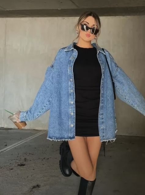 Denim Jacket Nashville Outfit, Jean Jacket Club Outfit, Denim Jacket Black Dress, Jean Jacket With Dress Outfits, Jean Jacket Womens Outfit, Jean Jacket Going Out Outfit, Jean Jacket Over Dress, All Black Outfit With Jean Jacket, Cowboy Boot Fall Outfits