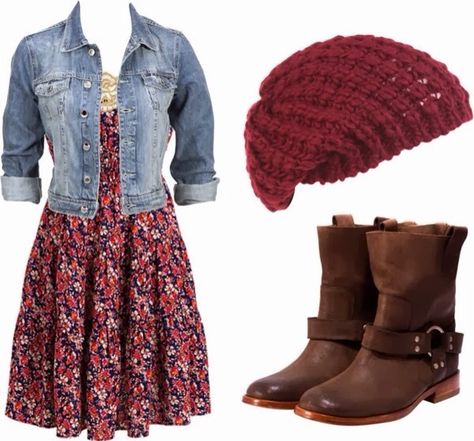 Floral dress, denim jacket, boots and a beanie. Such a cute outfit! Weather Today, Dress With Jean Jacket, Perfect Weather, Flowy Dress, Mode Inspiration, Looks Vintage, Outfits Casuales, A Dress, Dress With Boots