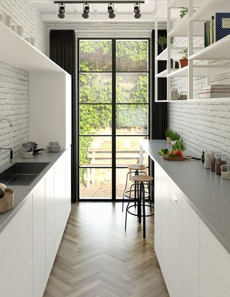 Kitchen Narrow Space, Galley Kitchen Design With Island, Narrow Appartment Ideas, Narrow Space Kitchen Ideas, Small Narrow Apartment Layout, Narrow Small Kitchen Ideas, Narrow Long Kitchen Ideas, Small Long Kitchen Ideas Narrow, Small Galley Kitchen Ideas Narrow Layout