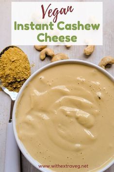 This super easy instant cashew cheese sauce takes less than 1 minute to prepare, and only uses five ingredients - cashews, nutritional yeast, garlic powder, lemon juice and salt. Great over pasta, pizza, sandwiches, nachos, anywhere that you used to use cheese! Vegan Cashew Cheese Sauce, Cashew Cheese Recipe, Cashew Cheese Sauce, Vegan Cashew Cheese, Cashew Cream Sauce, Nutritional Yeast Recipes, Vegan Cheese Recipes, Vegan Cheese Sauce, Vegan Recipes Beginner