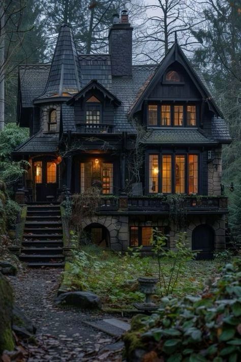 Victorian Fall House, Victorian House In The Woods, Goth Farmhouse Exterior, Victorian Homes In The Woods, English Gothic House, Witchy House Aesthetic Exterior, Spooky Mansion Aesthetic, Fall Victorian House, Witchy Home Exterior