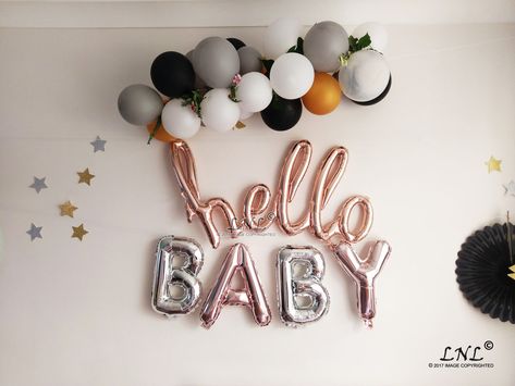 Hello Baby Rose Gold Balloons Script Balloons Silver Letters Baby Shower Gender Home Gender Reveal, Baby Shower Simple, Indian Baby Shower Decorations, Welcome Baby Party, Baby Balloons, Homecoming Decorations, Baby Homecoming, Hello 40, Welcome Home Decorations