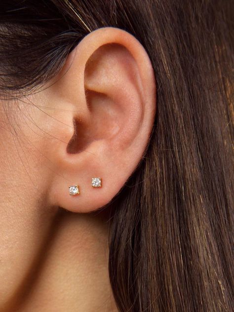 Tiny diamond studs Tiny earrings Dainty gold earrings | Etsy First Earrings Studs, Double Lobe Piercing Studs, Seconds Ear Piercing Gold, Double Ear Piercings Studs, Tiny Diamond Stud Earrings, Diamond Earrings Minimal, Diamond Second Stud Earrings, Double Ear Piercing Earrings, Second Earlobe Piercing