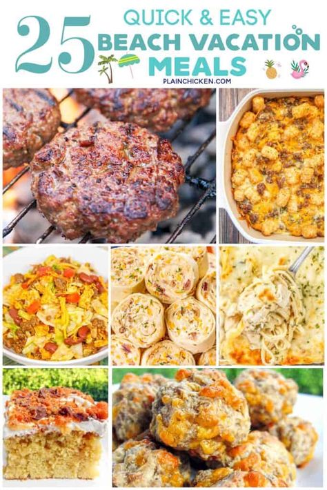 Quick Easy Recipes For 2, Easy Meals At Airbnb, Easy Meals To Make At The Beach, Cheap Beach Meals, Beach Cooking Ideas, Easy Vrbo Meals, Easy Meals For Vacation At The Beach, Easy Dinners At The Beach, Vacation House Meals