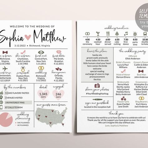 Infographic Wedding Program Template Editable Reception - Etsy Australia Wedding Programs Funny, Order Of Ceremony, Fun Wedding Programs, Rustic Wedding Programs, Wedding Infographic, Unique Wedding Programs, Dusty Rose Wedding, Rustic Wedding Diy, Wedding Programs Template