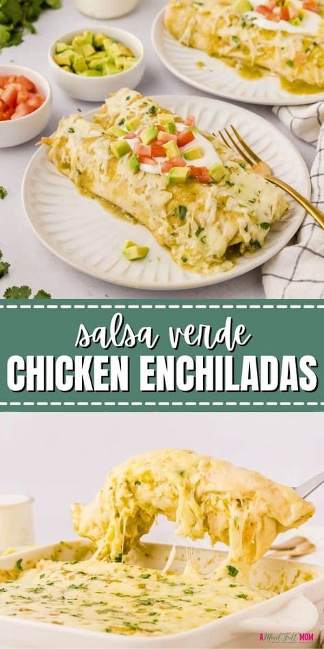 These Green Enchiladas are creamy, cheesy & full of flavor! Stuffed with chicken, sour cream, shredded cheese, and Salsa Verde, you can't go wrong with this easy Salsa Verde Enchilada Recipe. Whether served as an easy family dinner or for a party, everyone loves Salsa Verde Chicken Enchiladas! Salsa Verde Sour Cream Enchiladas, Chicken Seasoning For Enchiladas, Salsa Verde Chicken Enchilada Casserole, Green Sour Cream Enchiladas, Recipe With Salsa Verde, Shredded Chicken Enchiladas Green, Creamy Enchiladas Verdes, Enchilada Salsa Verde, Easy Creamy Salsa Verde Chicken Enchiladas