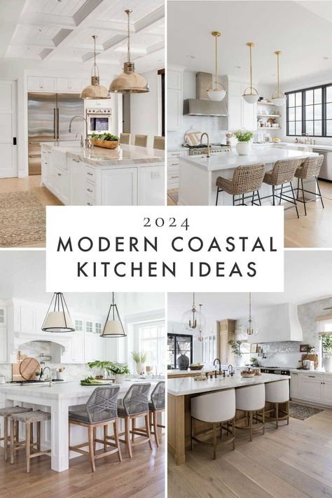 Beautiful modern coastal kitchen design ideas, with 2024 kitchen cabinet trends, white oak and white cabinets, California casual style kitchens, designer kitchen ideas, dream kitchens, kitchen interior design and decor, modern beach house kitchen ideas, and more Coastal Modern Kitchen Ideas, White Beach Kitchen Ideas, Kitchen Coastal Decor, Modern Coastal Kitchen Island, Coastal Chic Interior Design Kitchen, Cute Beach House Kitchen, Coastal Kitchens House, Rustic Beach Kitchen Ideas, Coastal Kitchen Backsplash Ideas Cottage