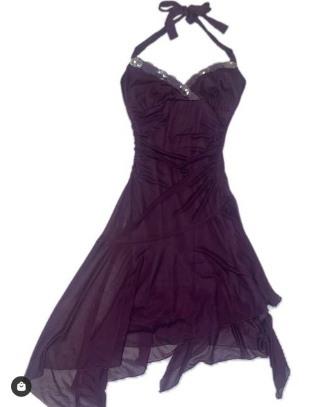 dark purple vintage 2000s inspired halter dress Y2k Satin Dress, Early 2000s Hoco Dresses, 2000s Formal Dresses Short, Early 2000 Dresses, Y2k Club Dress, 2000s Dresses Aesthetic, Y2k Semi Formal Outfits, Party Dress 2000s, Homecoming Dress 2000s