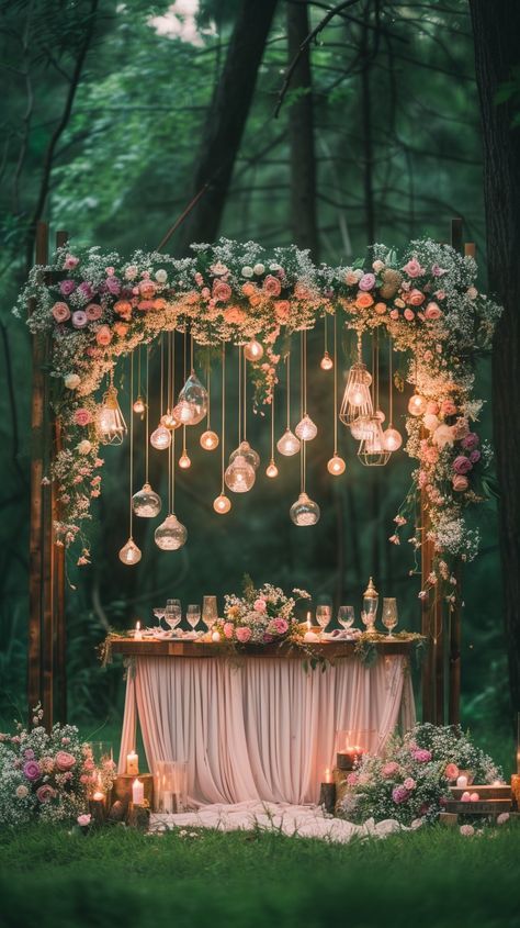 Romantic Backdrop Ideas, Anniversary Party Ideas Themes, Enchanted Dinner Party, Terrace Decoration Ideas For Party, Engagement Decorations Outdoor, Sangeet Background, Home Engagement Decoration, Anniversary Decorations At Home, Wedding Anniversary Themes