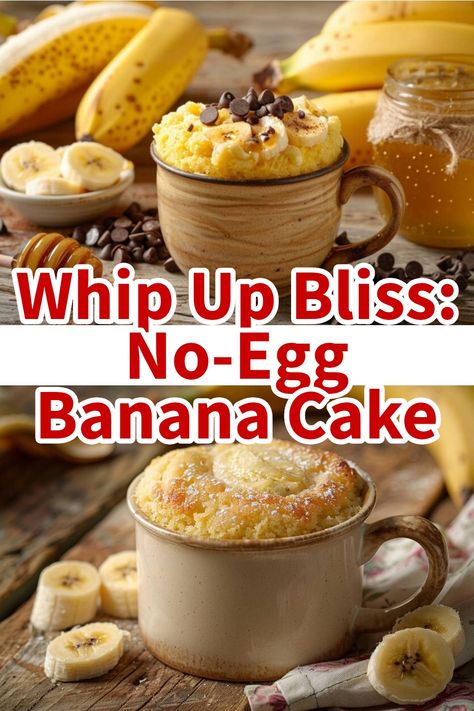 A delicious no-egg banana mug cake topped with chocolate chips and surrounded by bananas, honey, and chocolate pieces. Easy Banana Mug Cake, Banana Mug Cake No Egg, Banana Mug Cake Microwave, Banana Protein Mug Cake, No Egg Mug Cake, Banana Mug Cake Recipe, Weight Watcher Mug Cake, Mug Cake Without Egg, Banana Bread In A Mug