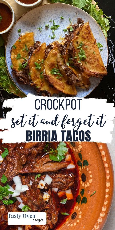 If you're looking for an amazing and easy recipe for birria in a crock pot, this is it! Made from tender cuts of beef and a Mexican-inspired sauce that's full of richness and warming flavor, Slow Cooker Birria is guaranteed to please. Enjoy in its original form as a stew or use to make those infamous birria tacos! Chuck Roast Birria Tacos Crockpot, Birra Crock Pot, Gf Slow Cooker Recipes, Easy Slow Cooker Birria Tacos, Beef Brisket Tacos Crock Pot, Easy Birria Recipe Mexican Crockpot, Easy Barbacoa Crock Pot, Birria In Crock Pot, Pot Roast Tacos Slow Cooker