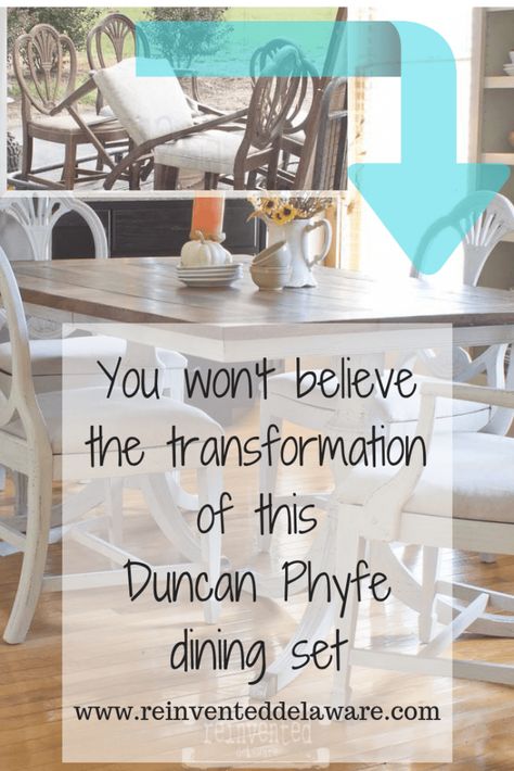 Learn how to transform a broken down Duncan Phyfe dining table and chairs! #repurposedfurniture #paintedfurniture #mmsmilkpaint www.reinventeddelaware.com Duncan Phyfe Table With Modern Chairs, Painted Duncan Phyfe Dining Table, Chalk Painted Dining Table And Chairs, Duncan Phyfe Table Makeover, Cottage Dining Room Ideas, Duncan Phyfe Chairs, Dining Room With Round Table, Repurpose Dining Room, Duncan Phyfe Table