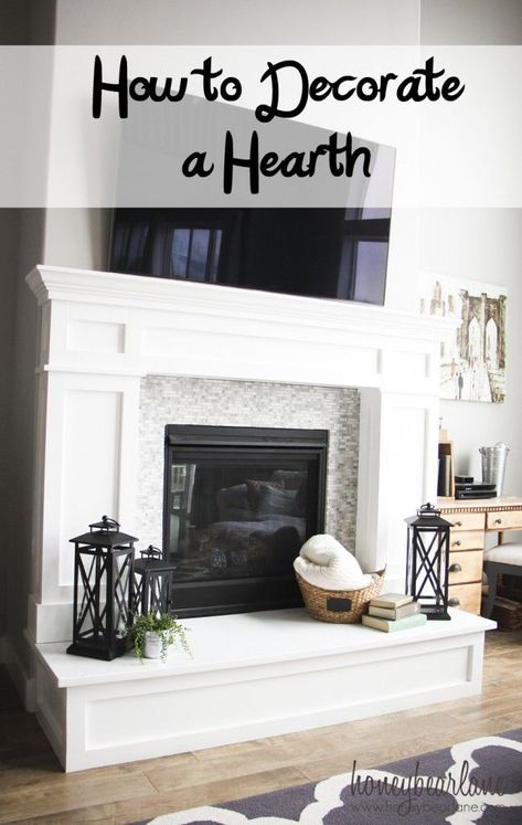 How to Decorate a Hearth. #bhglivebetter @bhglivebetter #homedecor #homedecorideas Fireplace Hearth Decor, Chimney Decor, Hearth Decor, Film Decor, Fireplace Mantle Decor, Fireplace Mantel Decor, White Fireplace, Farmhouse Fireplace, Fireplace Hearth