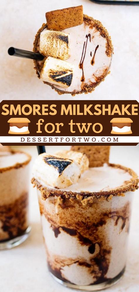 A homemade milkshake in 20 minutes! This chocolate dessert for two starts with vanilla ice cream. Complete with graham crackers, marshmallows, and chocolate sauce, this s'mores milkshake recipe is a delightful summer drink idea! S’mores Smoothie, S’mores Milkshake, Cool Milkshakes, Fun Milkshake Ideas, Smores Shake, Smores Milkshake, Yummy Milkshakes, Adele Birthday, Milkshake Ideas