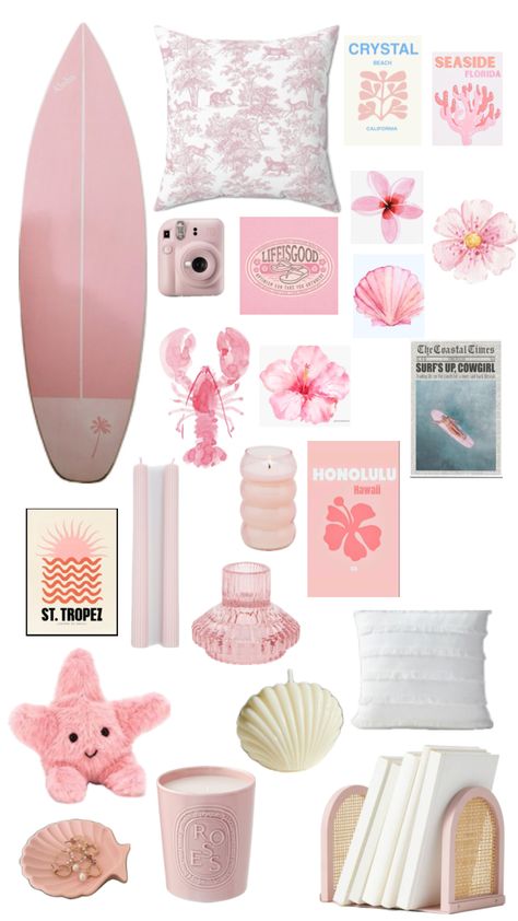 pink surfer girl room decor 🌸☀️ Surfer Girl Room Decor, Surfer Room Decor, Surfer Girl Room, Surfer Girl Bedroom, Dorm Themes, Surfer Room, Coastal Room Decor, Blue Room Decor, Beach Room Decor