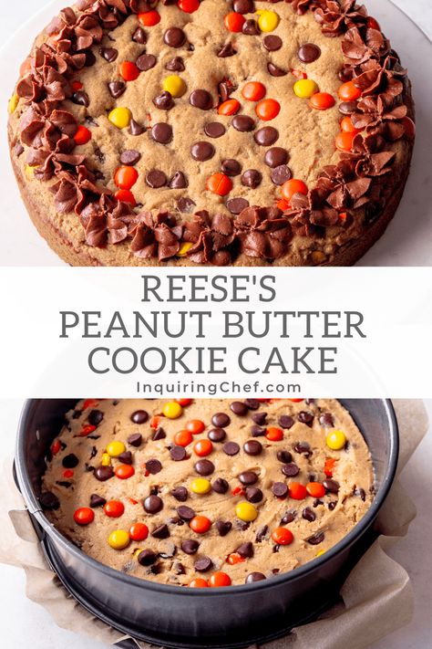 Reese Cookie Cake, Cookie Cake In Springform Pan, Reese's Recipes Desserts, Peanut Butter Chocolate Chip Cookie Cake, Chocolate Peanut Butter Cookie Cake, Reeses Pieces Cake Birthdays, Reese’s Peanut Butter Cookie Cake, Reese’s Cookie Cake, Cookie Cake For Birthday